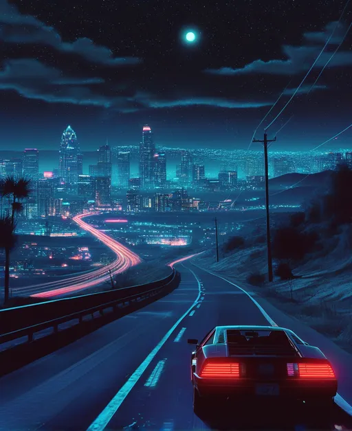 Prompt: Car driving down a dark road at night, glowing city skyline in the background, starry sky overhead, dreamcore atmosphere with soft neon lights, retrofuturism style, outrun aesthetic. The scene is captured as a detailed matte painting, featuring rich color contrasts, moody undertones, perfect for evoking nostalgia and wonder. Ultra-detailed, cinematic masterpiece.