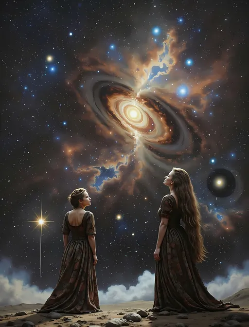 Prompt: Two women standing under a breathtaking star-filled sky, intricate oil painting by Donato Giancola, featuring a mesmerizing bright star cluster in the foreground and a distant star cluster in the background. The ambiance is serene and awe-inspiring, with stunning galaxies casting soft, ethereal light. The artwork captures the vastness and beauty of space, showcasing rich color tones and exquisite detail. A truly captivating fine art piece, high-quality and ultra-detailed.