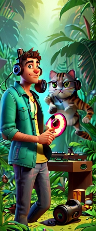 Prompt: a man with headphones on playing a dj set in a jungle setting with a cat and other animals, Chris LaBrooy, funk art, highly detailed digital art, poster art