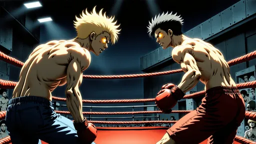 Prompt: hand drawn and painted anime in the style of Katsuhiro Otomo, a man (with blonde hair, gold glowing eyes) is standing in a boxing ring opposite his opponent (male, black hair, tattoos), dynamic composition, epic