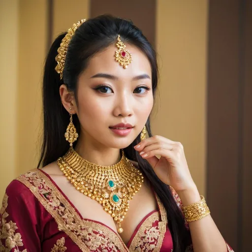 Prompt: a beautiful asian women wearing a gold jewellery