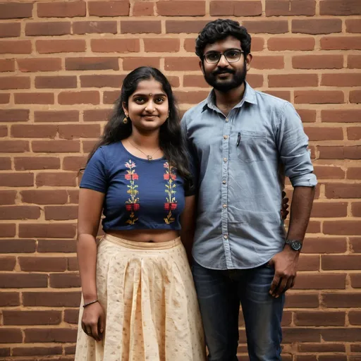 Prompt: a man and woman standing next to each other in front of a brick wall with a brick wall behind them, Ella Guru, samikshavad, jayison devadas, a cross stitch