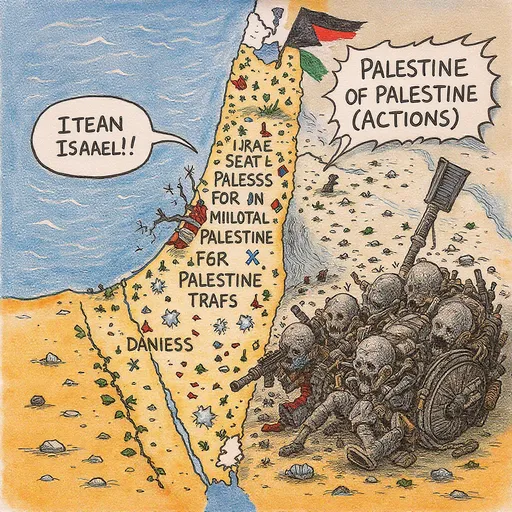 Prompt: Draw the colored caricature
Israel–Palestine conflict (ongoing): Thousands of Palestinians have been killed over decades of occupation, wars, and military actions. Many in the Global South argue that the West often shields Israel diplomatically and politically, while being quick to condemn other countries.