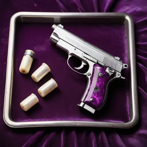 Prompt: blood-drenched chrome .45 automatic pistol with mother of pearl grips presented on a purple velvet pillow placed on top of a slver tray