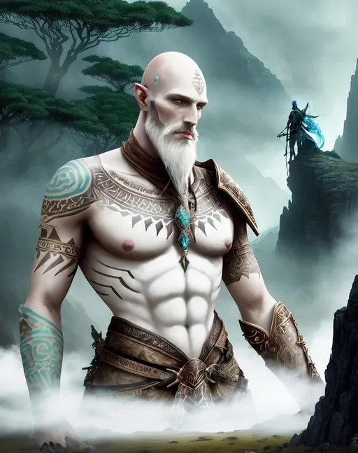 Prompt: (fantasy style) tall bald goliath ranger, with white skin, towering and lanky, with rugged face and large head, adorned with tribal tattoos and armor, holding a bow, backdrop of a mystical landscape, enchanted forest, ethereal lighting with vibrant colors and high contrast, surreal ambiance, (HD), detailed in every aspect, enchanting atmosphere transporting viewers to a magical realm.