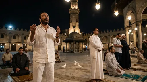 Prompt: إجعل هذا الشخص يرتدي بنطال أبيض وقميص أبيض فضفاض ويقف داخل ساحة مسجد واسعة ليلاً يرفع يديه للدعاء في حالة خشوع وطمأنينه ويظهر خلفه حمام ابيض قليل وحوله بعض المصلين المصريين يستعدون للصلاة وهو يقف بجوارهم وكلهم في اتجاه القبلة ومن خلفهم تظهر مأذنة المسجد مضيئة والمشهد ليلي واقعي جداً والاضاءة ناعمة روحانية إسلامية مصرية
