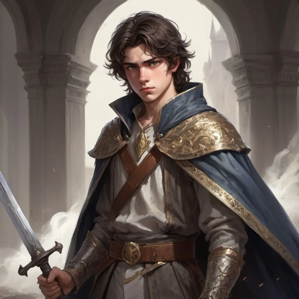 Prompt: A teenage boy stands with a confident yet troubled expression. His medium build suggests a mix of youthful vigor and emerging strength. He has dark, medium-length hair that slightly tousled, framing his face. His princely clothes, once regal, are now tattered and torn, reflecting the hardship his kingdom has endured. A long, flowing cloak billows behind him, adding to his princely yet battle-worn appearance.

Around his waist, he wears a belt with a sword on one side and a dagger on the other, both suggesting his readiness to defend his recovering kingdom. Despite the signs of struggle, he carries a smirk on his face, hinting at a mixture of resilience, determination, and perhaps a hint of defiance.