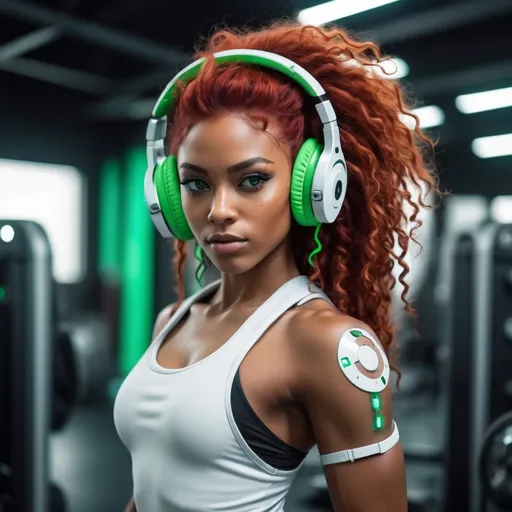 Prompt: a beautifull caribean cyberpunk is training in a futuristic gym. She has long curly red hair, green eyes and dark skin. The right arm is artificial. She wears big white headphones