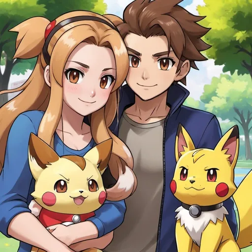 Prompt: brown haired brown eyes male pokemon trainer with brown/ blonde haired female pokemon trainer , happy in love, with calico cat pokemon, blonde husky pokemon
