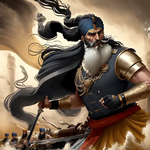 Prompt: A tall, robust Sikh warrior in his early 40s with a commanding presence. He sports a long, flowing beard and wears a traditional turban, adorned with a warrior's emblem. His eyes are piercing, reflecting a deep resolve and intelligence.