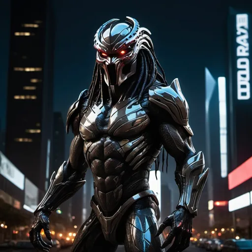 Prompt: In the early moments of dawn, a futuristic city begins to emerge from the shadows, and within this nascent light, a mysterious figure materializes. The predator, cloaked in a sleek fusion of advanced technology and Caravaggio's chiaroscuro aesthetics, stands as a silhouette against the first glimmers of dawn.

The cityscape, characterized by towering skyscrapers and vibrant holographic billboards, is only partially illuminated by the soft, diffused light of the approaching day. The scene mirrors the subtle transition from darkness to light, creating an atmosphere reminiscent of Caravaggio's adept use of contrast.

The predator's futuristic armor, adorned with intricate patterns and reflective surfaces, catches the evolving light, casting mesmerizing glows and subtle shadows across its form. The creature's mask, inspired by Caravaggio's emphasis on mysterious visages, conceals its features while glowing eyes pierce through the emerging daylight.

In one hand, the predator holds a plasma blade, its surface just beginning to radiate with a soft luminescence. The blade casts a gentle glow that starts to carve through the lingering darkness, echoing the transition from night to day in the futuristic city.

The figure's stance is poised yet anticipatory, reminiscent of Caravaggio's ability to convey tension in the simplest gestures. The predator stands as a sentinel, an enigmatic presence in the cityscape, as the first rays of dawn reveal the intricate details of its high-tech armor and weaponry.

In this melding of futuristic aesthetics and Caravaggio's masterful use of light and shadow, the emerging predator symbolizes the dawn of a new era, where advanced technology meets timeless artistic inspiration in the heart of a burgeoning metropolis.

