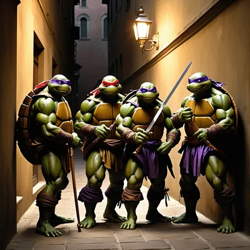Prompt: Creating a mental image of "Caravaggio ninja turtles" involves merging the iconic Teenage Mutant Ninja Turtles with the artistic style of Michelangelo Merisi da Caravaggio, a Baroque painter known for his dramatic use of light and shadow. Picture the following scene:

In a dimly lit alley, reminiscent of Caravaggio's chiaroscuro technique, four turtles emerge from the shadows, each bearing the characteristics of a famous Caravaggio painting.

Donatello, with his bo staff, is positioned in a thoughtful stance, surrounded by the subtle interplay of light and shadow that defines Caravaggio's "Saint Jerome Writing." His purple attire complements the rich colors in the scene.