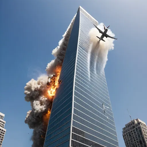 Prompt: plane crashing into square shaped skyscraper