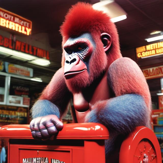 Prompt: Manilla colored gorilla riding on a big red machine
