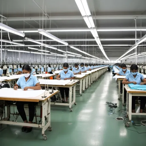 Prompt: garment factory with sewing lines and operator