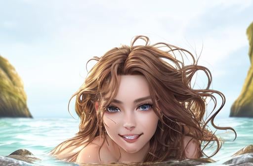 Prompt: realistic portrait of a mermaid half woman half fish tail longer than the torso, frolicking sitting on the rocks above the water, wet hair, perfect proportion,  Defined face, perfect eyes, beautiful face, well detailed and defined, defined, sensual lips with a beautiful smile and beautiful teeth, hair with a brown color gradient to gold balayage, 