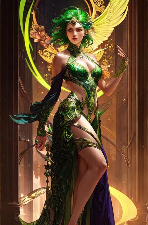 Prompt: Detailed eyes flawless eyes Gorgeous chartreuse greenest hair natural lime flair goddess, intricate, dramatic full body pose, magnificent, masterpiece, by minjae lee, by James jean, by WLOP, mucha, Waterhouse, by eve ventrue, by anna dittmann, by Alessio Albi, dynamic lighting, green, emeralds