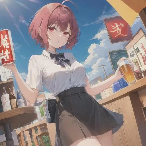 Prompt: ((masterpiece)), ((ultra-quality)), ((illustration)), girl, short hair 
 Yunyun  (cel anime:1.4), 
Drinking beer,Drunk,bar