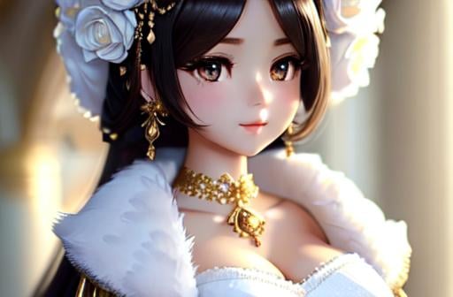 Prompt: Exquisite New Character, Cute Female Woman, Highly Detailed, Fluffy, Intricate Details, Beautiful Big Eyes, Maximum Cuteness, Lovely, Adorable, Beautiful, Flawless, Masterpiece, Soft Dramatic Moody Lighting, Radiant Love Aura, Ultra High Quality Octane, Hypema Red Full Body, Hypermaximalist, Beautiful, Flawless, Masterpiece, wears an elegant white bell cut dress with golden decorations, with a corset and a boa of white feathers