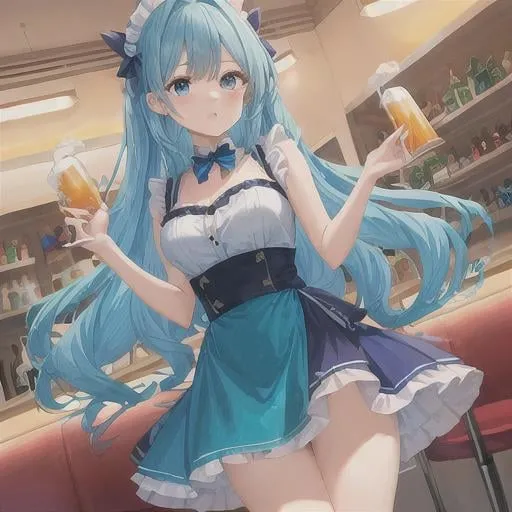 Prompt: ((masterpiece)), ((ultra-quality)), ((illustration)),1 girl, long hair aqua, ((aqua's maid outfit)), blue hair, short blue dress with red tulle miniskirt, ((blue eyes)), cry eyes, (cel anime:1.4), 
Drinking beer,Drunk,bar