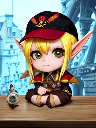 Prompt: chibi elf girl with a tender face, sitting in front of a table, yellow hair, large contrasting eyes between brown and red, wears a red Gavroche Cap with a black visor that has a brooch on the left from which 2 long white feathers come out, the Cap Gavroche, in addition to the brooch, has an embroidery in the center of the front with a 4-leaf clover, his large eyes have anime-style flashes of light, his mouth is open and wobbly watching a delicious fish dish on the table while it drains from him a little drool, she wears a red raincoat with a hood and a light brown or cream scarf, her hands are in fists holding a fork in the left and a knife in the right while she raises her arms ready to eat, she is carrying a brown bag from which A cream-colored wool doll similar to a ball hangs, on the plate on the table is a delicious Japanese baked fish.