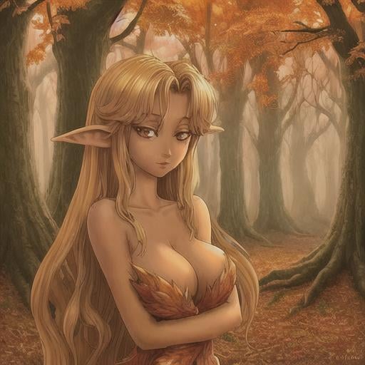 Prompt: dryads autumnal feminine great beauty and very beautiful physical features, just behind her oak surrounded by a thick autumnal forest volume...