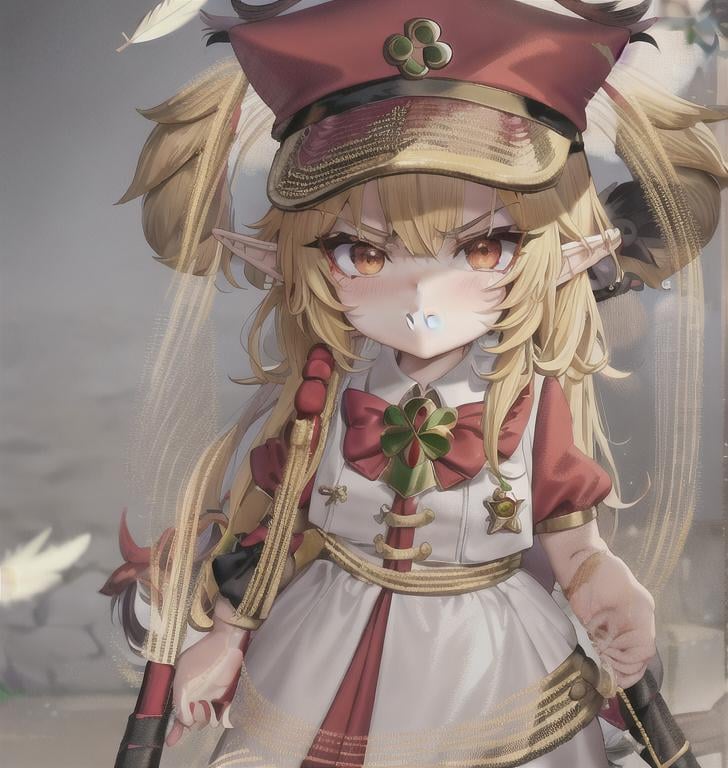 Prompt: chibi elf girl with a cute face, angry pouting, yellow hair, big red eyes, (wears a red Gavroche cap with a black visor, has a brooch on the left of the cap, 2 long white feathers come out of the brooch), the cap Gavroche has an embroidery on the front with a 4-leaf clover, waves her arms to the sides in frustration, she wears a red trench coat with a hood and a light brown or cream colored scarf, her hands are in fists, she is carrying a bag brown from which hangs a cream-colored wool doll similar to a ball, a white baggy shorts, 2 legs with brown shoes