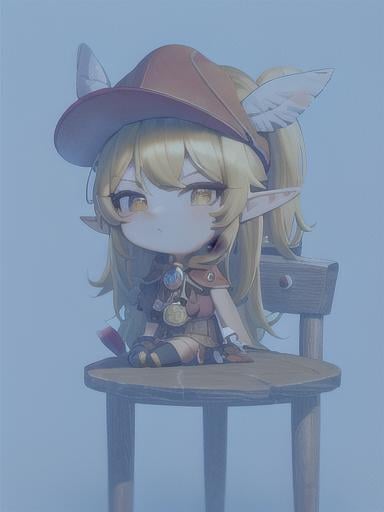 Prompt: chibi elf girl with a tender face, sitting in front of a table, yellow hair, large contrasting eyes between brown and red, wears a red Gavroche Cap with a black visor that has a brooch on the left from which 2 long white feathers come out, the Cap Gavroche, in addition to the brooch, has an embroidery in the center of the front with a 4-leaf clover, his large eyes have anime-style flashes of light, his mouth is open and wobbly watching a delicious fish dish on the table while it drains from him a little drool, she wears a red raincoat with a hood and a light brown or cream scarf, her hands are in fists holding a fork in the left and a knife in the right while she raises her arms ready to eat, she is carrying a brown bag from which A cream-colored wool doll similar to a ball hangs, on the plate on the table is a delicious Japanese baked fish.