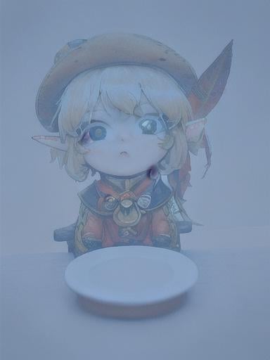 Prompt: chibi elf girl with a tender face, sitting in front of a table, yellow hair, large contrasting eyes between brown and red, wears a red Gavroche Cap with a black visor that has a brooch on the left from which 2 long white feathers come out, the Cap Gavroche, in addition to the brooch, has an embroidery in the center of the front with a 4-leaf clover, his large eyes have anime-style flashes of light, his mouth is open and wobbly watching a delicious fish dish on the table while it drains from him a little drool, she wears a red raincoat with a hood and a light brown or cream scarf, her hands are in fists holding a fork in the left and a knife in the right while she raises her arms ready to eat, she is carrying a brown bag from which A cream-colored wool doll similar to a ball hangs, on the plate on the table is a delicious Japanese baked fish.