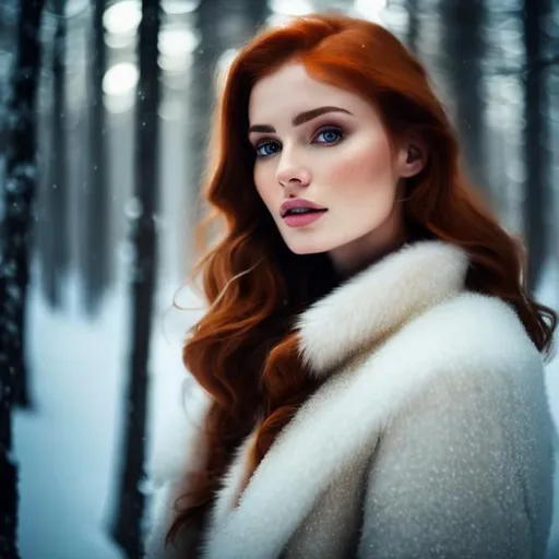 Prompt: close up of a european woman, ginger hair, winter forest, natural skin texture, 24mm, 4k textures, soft cinematic light, RAW photo, photorealism, photorealistic, intricate, elegant, highly detailed, sharp focus, ((((cinematic look)))), soothing tones, insane details, intricate details, hyperdetailed, low contrast, soft cinematic light, dim colors, exposure blend, hdr, faded