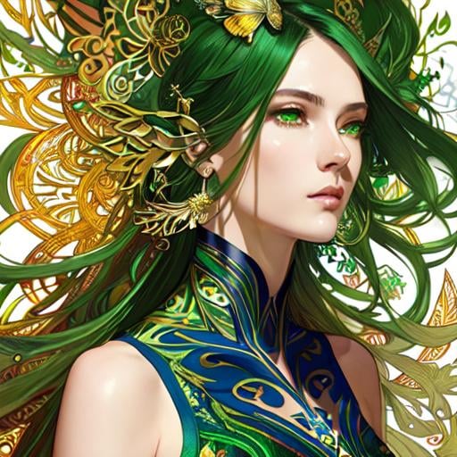 Prompt: Detailed eyes flawless eyes Gorgeous chartreuse greenest hair natural lime flair goddess, intricate, dramatic full body pose, magnificent, masterpiece, by minjae lee, by James jean, by WLOP, mucha, Waterhouse, by eve ventrue, by anna dittmann, by Alessio Albi, dynamic lighting, green, emeralds