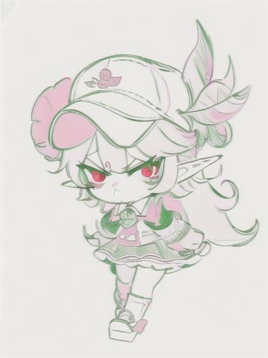 Prompt: chibi elf girl with a cute face, angry pouting, yellow hair, big red eyes, (wears a red Gavroche cap with a black visor, has a brooch on the left of the cap, 2 long white feathers come out of the brooch), the cap Gavroche has an embroidery on the front with a 4-leaf clover, waves her arms to the sides in frustration, she wears a red trench coat with a hood and a light brown or cream colored scarf, her hands are in fists, she is carrying a bag brown from which hangs a cream-colored wool doll similar to a ball, a white baggy shorts, 2 legs with brown shoes