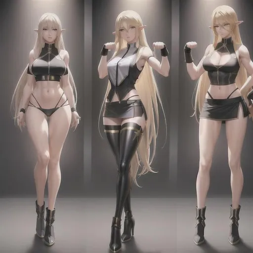 Prompt: photorealistic game character High elf woman with long blonde hair, dressed in a black tank top, black shorts under knee-length tight black pants with a half skirt over white cloth behind her legs, wears black knee-high boots and fingerless gloves, from standing in a fighting pose with legs crossed in front, with hands in fists, realistic detailed eyes, detailed mouth, detailed ears, detailed nose, perfect face, detailed eyeglasses, green jewelry set