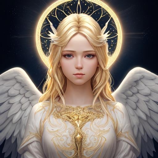 Prompt: Angel, beautiful face, detailed face, blonde, shining, holy light background, wide white wings, full body, mythical, fantasy, elegant, hyperrealism, highly detailed, intricate detailed,dynamic lighting, 4K, HD.