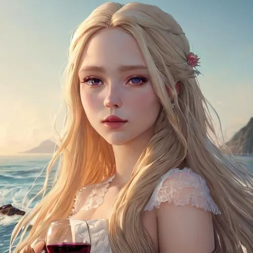 Prompt: Portrait of a maiden with long ethereal blonde hair and with cute face and wine colored lips, a ocean shore scene, perfect composition, hyperrealistic, super detailed, 8k, high quality, trending art, trending on artstation, sharp focus, studio photo, intricate details, highly detailed, wearing a dress