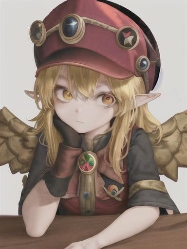 Prompt: chibi klee  elf girl with a tender face, sitting in front of a table, yellow hair, large contrasting eyes between brown and red, wears a red Gavroche Cap with a black visor that has a brooch on the left from which 2 long white feathers come out, the Cap Gavroche, in addition to the brooch, has an embroidery in the center of the front with a 4-leaf clover, his large eyes have anime-style flashes of light, his mouth is open and wobbly watching a delicious fish dish on the table while it drains from him a little drool, she wears a red raincoat with a hood and a light brown or cream scarf, her hands are in fists holding a fork in the left and a knife in the right while she raises her arms ready to eat, she is carrying a brown bag from which A cream-colored wool doll similar to a ball hangs, on the plate on the table is a delicious Japanese baked fish.