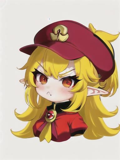 Prompt: chibi elf girl with a cute face, angry pouting, yellow hair, big red eyes, (wears a red Gavroche cap with a black visor, has a brooch on the left of the cap, 2 long white feathers come out of the brooch), the cap Gavroche has an embroidery on the front with a 4-leaf clover, waves her arms to the sides in frustration, she wears a red trench coat with a hood and a light brown or cream colored scarf, her hands are in fists, she is carrying a bag brown from which hangs a cream-colored wool doll similar to a ball, a white baggy shorts, 2 legs with brown shoes