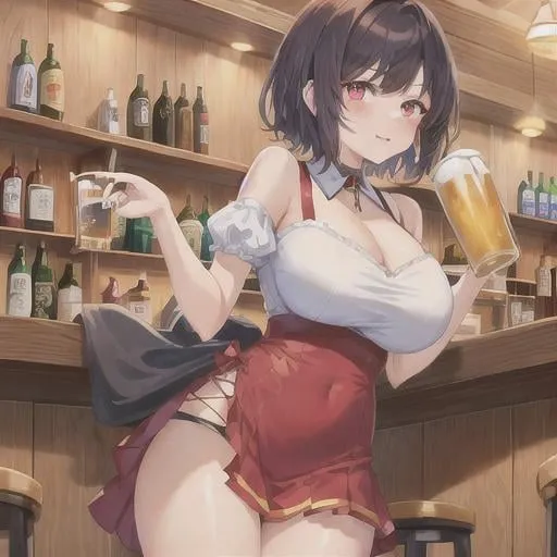 Prompt: ((masterpiece)), ((ultra-quality)), ((illustration)), girl, short hair 
 Yunyun y Cecily (cel anime:1.4), 
Drinking beer,Drunk,bar