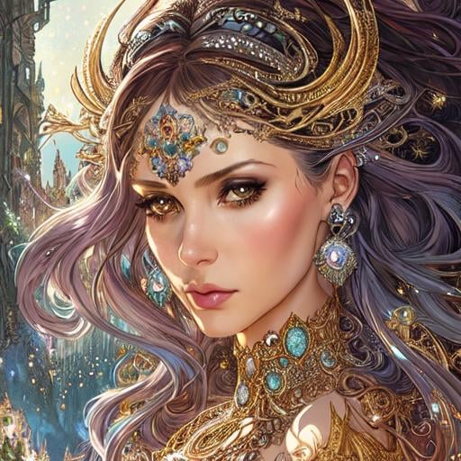 Prompt: Gorgeous woman covered in sparkly jewels, Intricate, Scenic, Hyperdetailed, Delicate; Complex; Royo; Deep Colors; Regal; Bagshaw, Chevrier, Ferri, Kaluta, Minguez, Mucha. Cinematic, WLOP, 8K, concept, sharp focus, illustration, rutkowski, Artgerm, Giger, piles of silver and gold coins