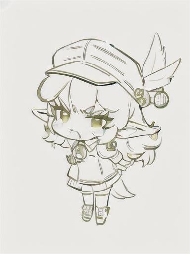 Prompt: chibi elf girl with a cute face, angry pouting, yellow hair, big red eyes, (wears a red Gavroche cap with a black visor, has a brooch on the left of the cap, 2 long white feathers come out of the brooch), the cap Gavroche has an embroidery on the front with a 4-leaf clover, waves her arms to the sides in frustration, she wears a red trench coat with a hood and a light brown or cream colored scarf, her hands are in fists, she is carrying a bag brown from which hangs a cream-colored wool doll similar to a ball, a white baggy shorts, 2 legs with brown shoes