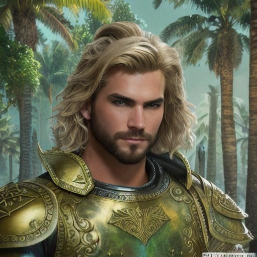 Prompt: male fantasy warrior, very handsome, medium musculature, dirty blonde, short wavy hair and short trimmed beard, full leather armor, very detailed eyes, UHD, 64K, sharp focus, studio photo, intricate details, highly detailed