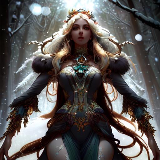 Prompt: dryads winter feminine great beauty and very beautiful physical features, just behind her a winter forest in full transition to spring, flowers growing snow melting volumetric soft lighting cold colors 8k resolution by Greg Rutkowski, Artgerm, Alphonse Mucha dynamic lighting hyperdetailed intricately detailed Splash art trending on Artstation Unreal Engine 5 volumetric lighting