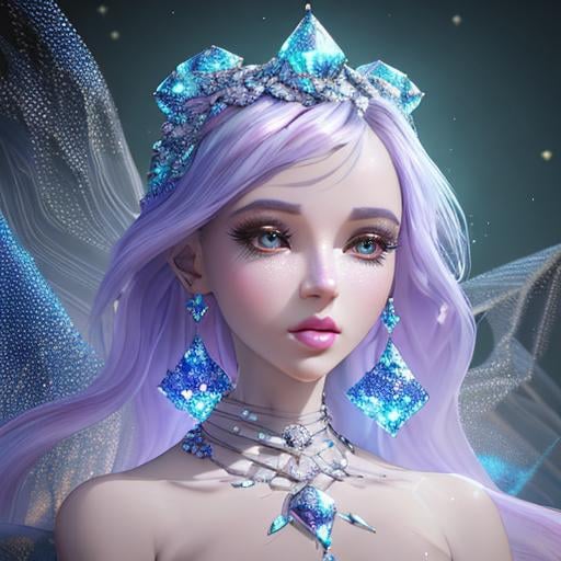 Prompt: gorgeous woman created from diamond, silk, diamonds, gems, sparkling dots, in crystal cave background, style Darek Zabrocki, magic realism, gradient colors, cinematic lighting, bokeh, Ultra-detailed Quality 3D, 3d render octane, Unreal engine, VFX, Isometric, Made in blender, 8k, cinematic, ultrahd, wallpaper <lora:styleJelly_v10:1>, Digital art, glow effects, Hand drawn, render, 8k, octane render, cinema 4d, blender, dark, atmospheric 4k ultra detailed, cinematic sensual, Sharp focus, humorous illustration, big depth of field, Masterpiece, colors, 3d octane render, concept art, trending on artstation, hyperrealistic, Vivid colors, modelshoot style, (extremely detailed CG unity 8k wallpaper), professional majestic oil painting by Ed Blinkey, Atey Ghailan, by Jeremy Mann, Greg Manchess, Antonio Moro, trending on ArtStation, trending on CGSociety, Intricate, High Detail, Sharp focus, dramatic, photorealistic painting art by midjourney and greg rutkowski, 16k, UHD, HDR10,((Masterpiece)), Absurdres