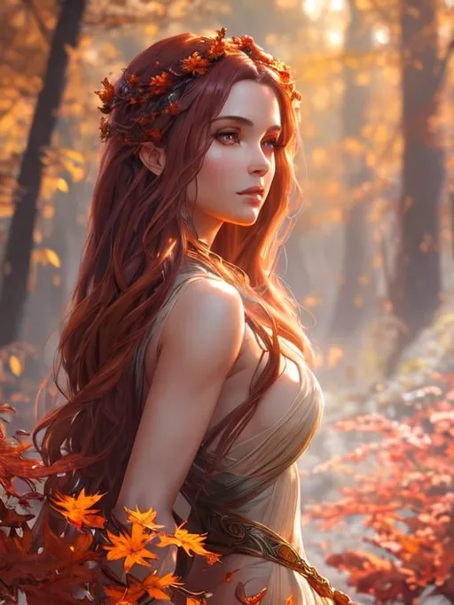 Prompt: dryads autumnal feminine great beauty and very beautiful physical features, just behind her oak surrounded by a thick autumnal forest volumetric soft lighting warm colors 8k resolution by Greg Rutkowski, Artgerm, Alphonse Mucha dynamic lighting hyperdetailed intricately detailed Splash art trending on Artstation Unreal Engine 5 volumetric lighting