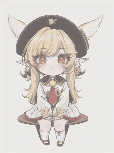 Prompt: chibi elf girl with a tender face, sitting in front of a table, yellow hair, large contrasting eyes between brown and red, wears a red Gavroche Cap with a black visor that has a brooch on the left from which 2 long white feathers come out, the Cap Gavroche, in addition to the brooch, has an embroidery in the center of the front with a 4-leaf clover, his large eyes have anime-style flashes of light, his mouth is open and wobbly watching a delicious fish dish on the table while it drains from him a little drool, she wears a red raincoat with a hood and a light brown or cream scarf, her hands are in fists holding a fork in the left and a knife in the right while she raises her arms ready to eat, she is carrying a brown bag from which A cream-colored wool doll similar to a ball hangs, on the plate on the table is a delicious Japanese baked fish. vibrant colors.