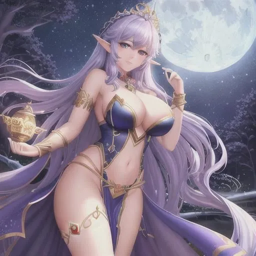 Prompt: goddess of the night, photorealisoil painting, UHD, hd , 8k, panned out view, full character in view, moon elf female character