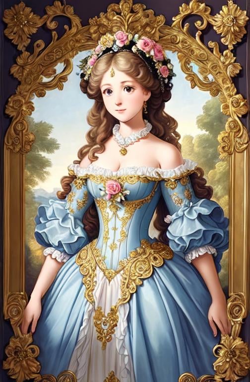 Prompt: The artwork is also infused with elements of various art movements, such as Rococo, Baroque, and Art Nouveau. The girl's gown features intricate patterns and ornate embellishments that are reminiscent of Rococo and Baroque styles, while the flowers and garden elements incorporate the flowing lines and organic shapes of Art Nouveau. 