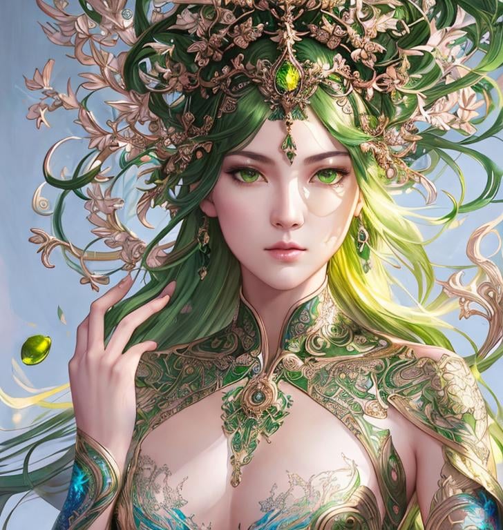 Prompt: Detailed eyes flawless eyes Gorgeous chartreuse greenest hair natural lime flair goddess, intricate, dramatic full body pose, magnificent, masterpiece, by minjae lee, by James jean, by WLOP, mucha, Waterhouse, by eve ventrue, by anna dittmann, by Alessio Albi, dynamic lighting, green, emeralds