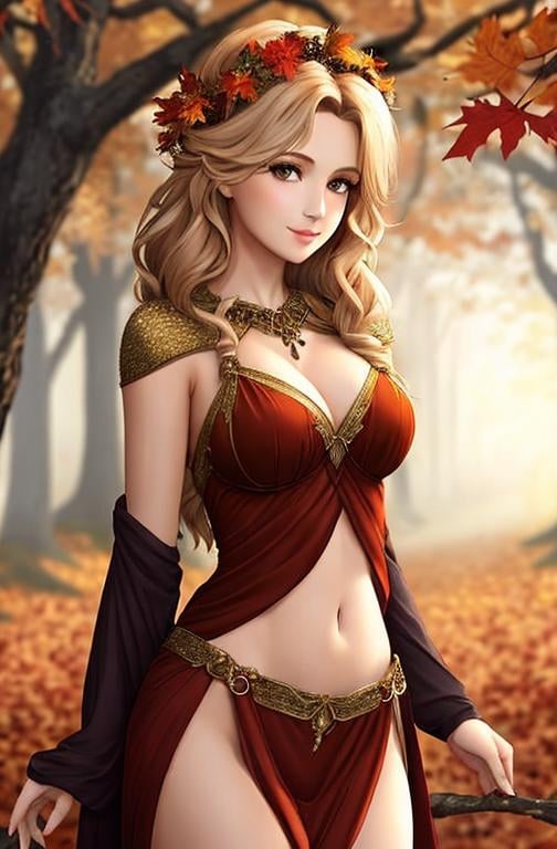Prompt: dryads autumnal feminine great beauty and very beautiful physical features, just behind her oak surrounded by a thick autumnal forest volume...