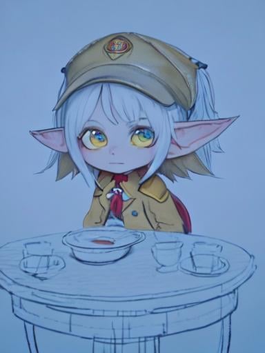 Prompt: chibi elf girl with a tender face, sitting in front of a table, yellow hair, large contrasting eyes between brown and red, wears a red Gavroche Cap with a black visor that has a brooch on the left from which 2 long white feathers come out, the Cap Gavroche, in addition to the brooch, has an embroidery in the center of the front with a 4-leaf clover, his large eyes have anime-style flashes of light, his mouth is open and wobbly watching a delicious fish dish on the table while it drains from him a little drool, she wears a red raincoat with a hood and a light brown or cream scarf, her hands are in fists holding a fork in the left and a knife in the right while she raises her arms ready to eat, she is carrying a brown bag from which A cream-colored wool doll similar to a ball hangs, on the plate on the table is a delicious Japanese baked fish.